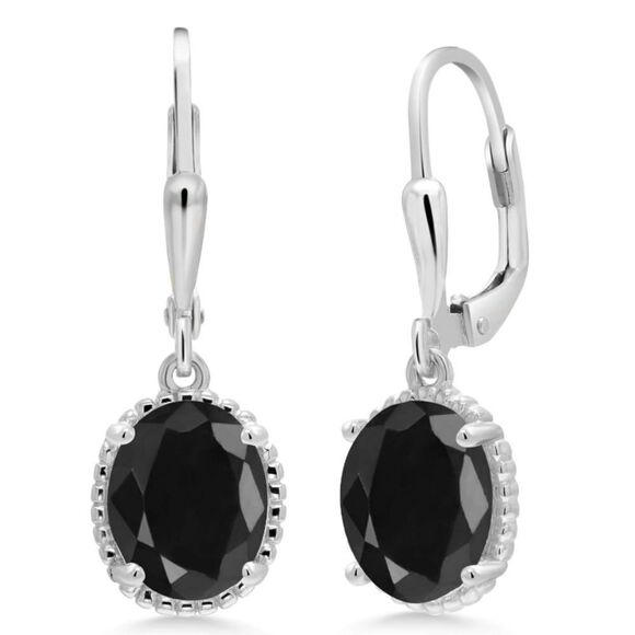 925 Sterling Silver with 5.00 Cttw Black Sapphire Oval Leverback Hook Earrings